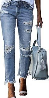 GOSOPIN Women Drawstring Elastic Waist Straight Jeans Boyfriend Distressed Released Hem Denim Pants