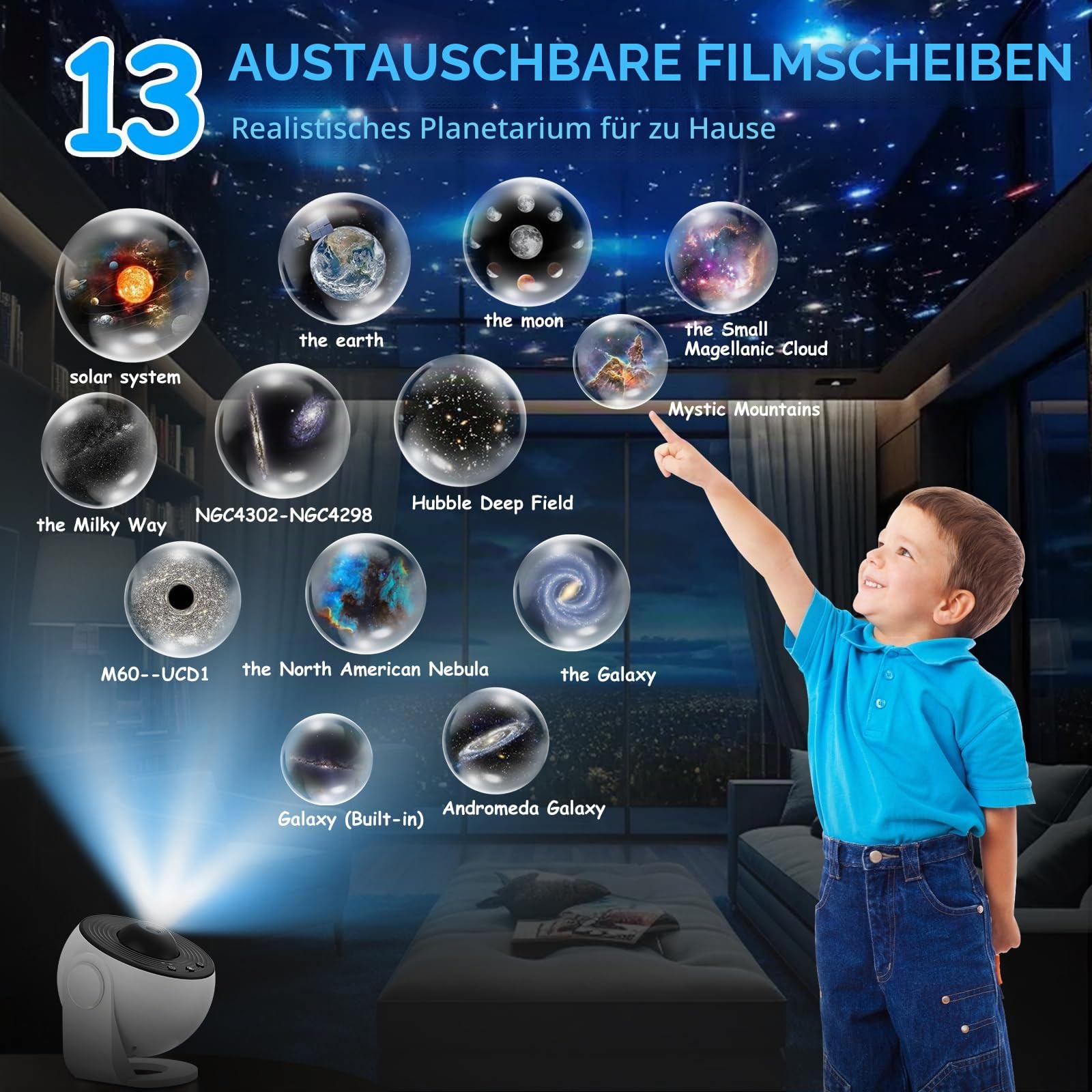 ALLOMN Planetarium Sternprojektor, LED Globus Galaxieprojektor mit 13 Filmscheiben Sternenhimmel Nachtlicht Projektorlampe, Mondnachtlicht für Kinder Erwachsene Decke Schlafzimmer Wohnzimmer