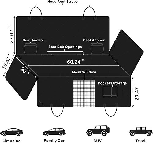 Miniatura 10 de Femuar Funda de asiento de coche para perro, impermeable, antideslizante, para asiento trasero con bolsillos de almacenamiento, ventana visual de