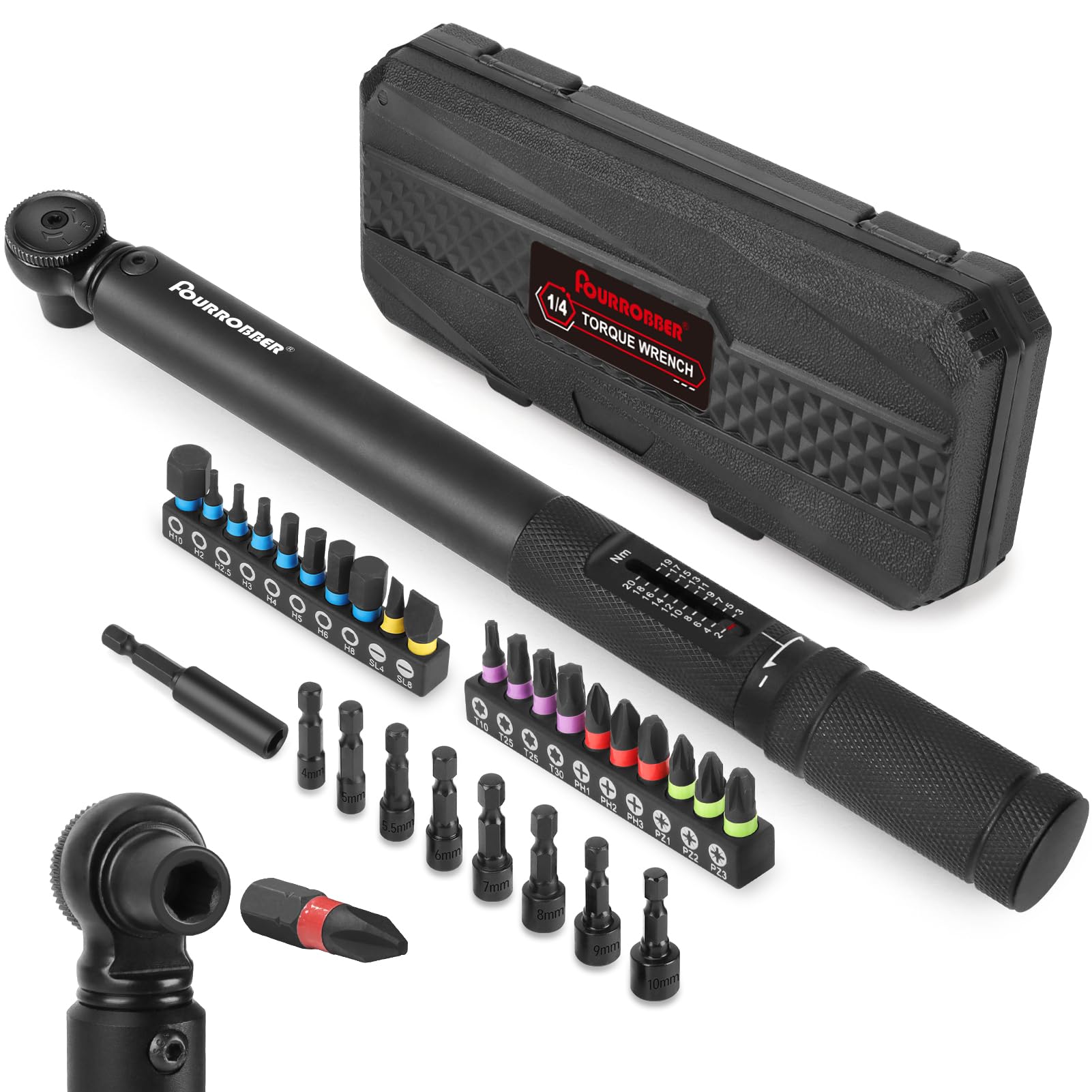 FOURROBBER 1/4 Inch Drive Click Torque Wrench Set 2-20Nm Bicycle Maintenance Kit for Road & Mountain Bikes - Includes Allen & Torx Sockets, Extension Bar