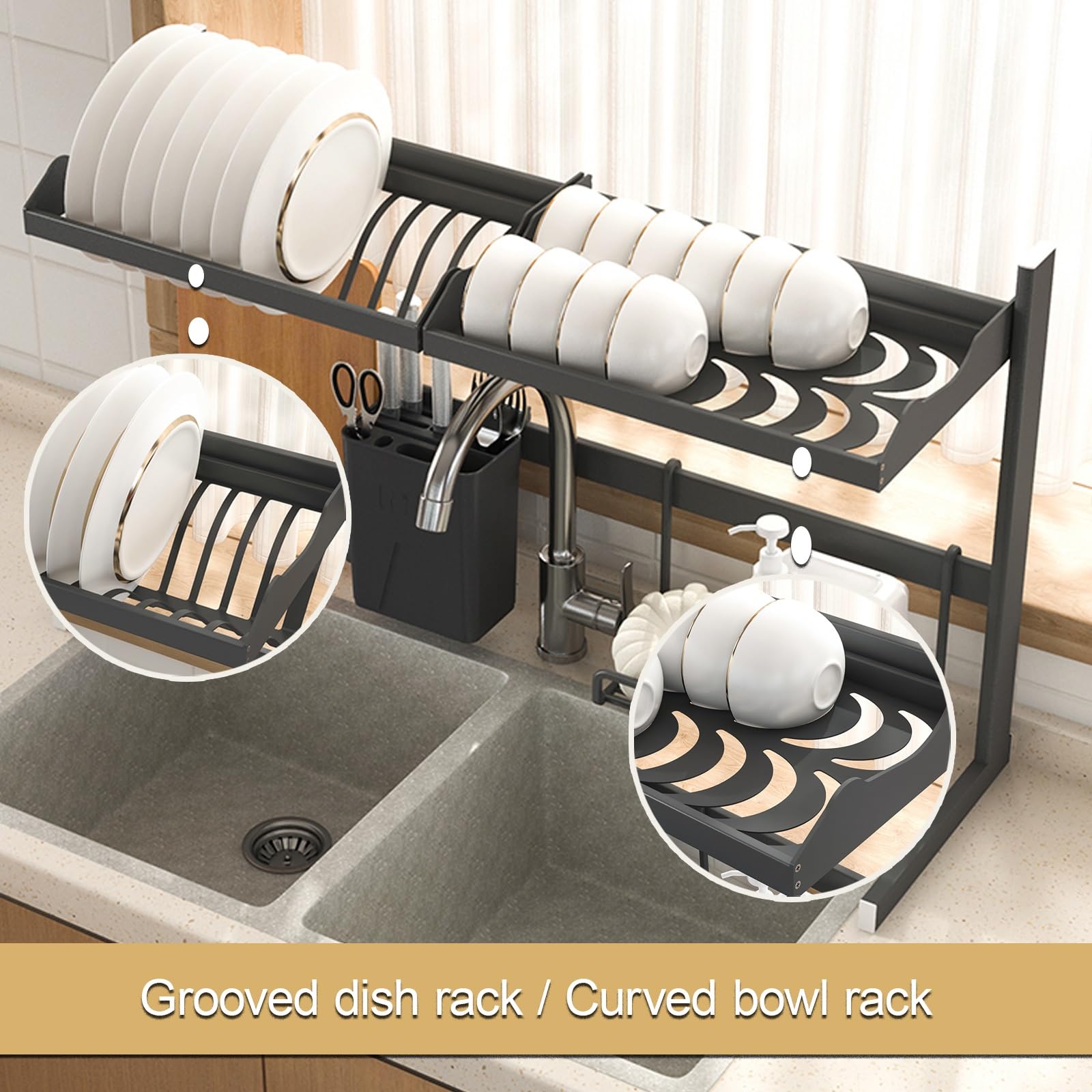 Escurreplatos sobre el fregadero, escurridor de platos de gran capacidad con soporte para utensilios, organizador de encimera de cocina para platos, cuencos y cubiertos