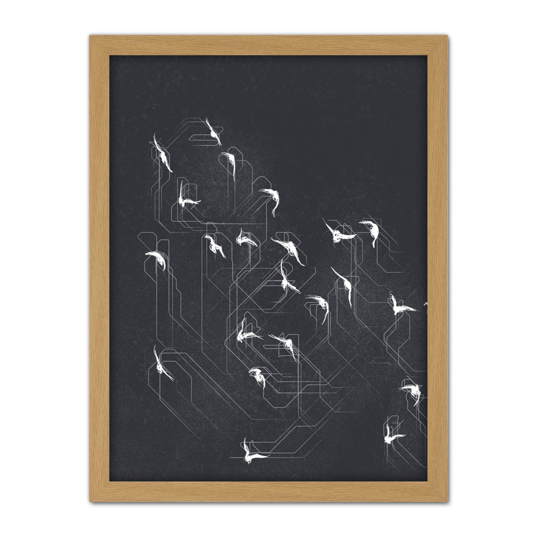 Wee Blue Coo Flock of Birds Silhouette Lines Artwork Framed Wall Art Print 18X24 Inch