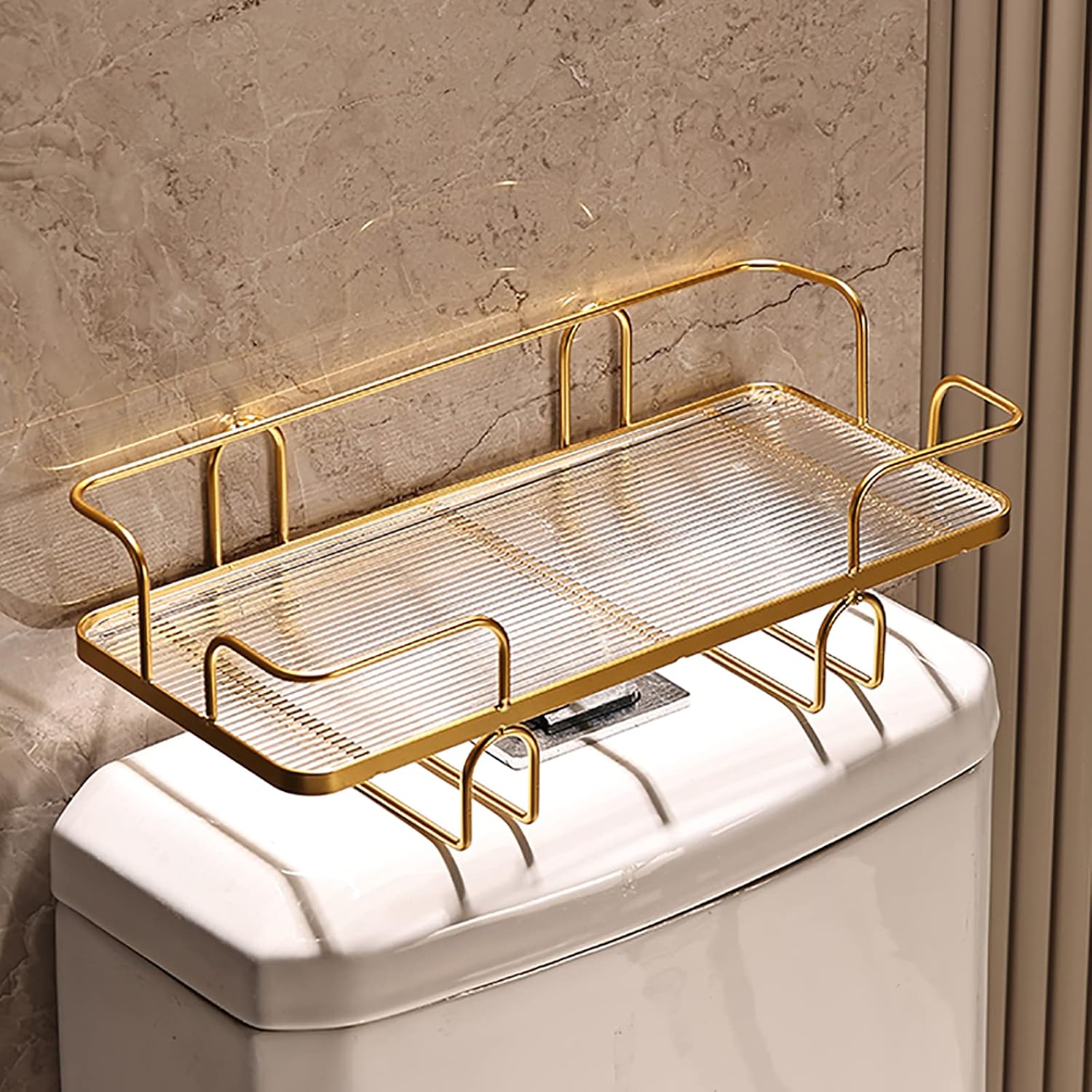 Gold Metal?Bathroom Over The Toilet Storage Rack, Acrylic Bathroom Organizer with High Guardrail Well Protect Items from Falling Off,? No Drilling Space Saver with Wall Mounting Design
