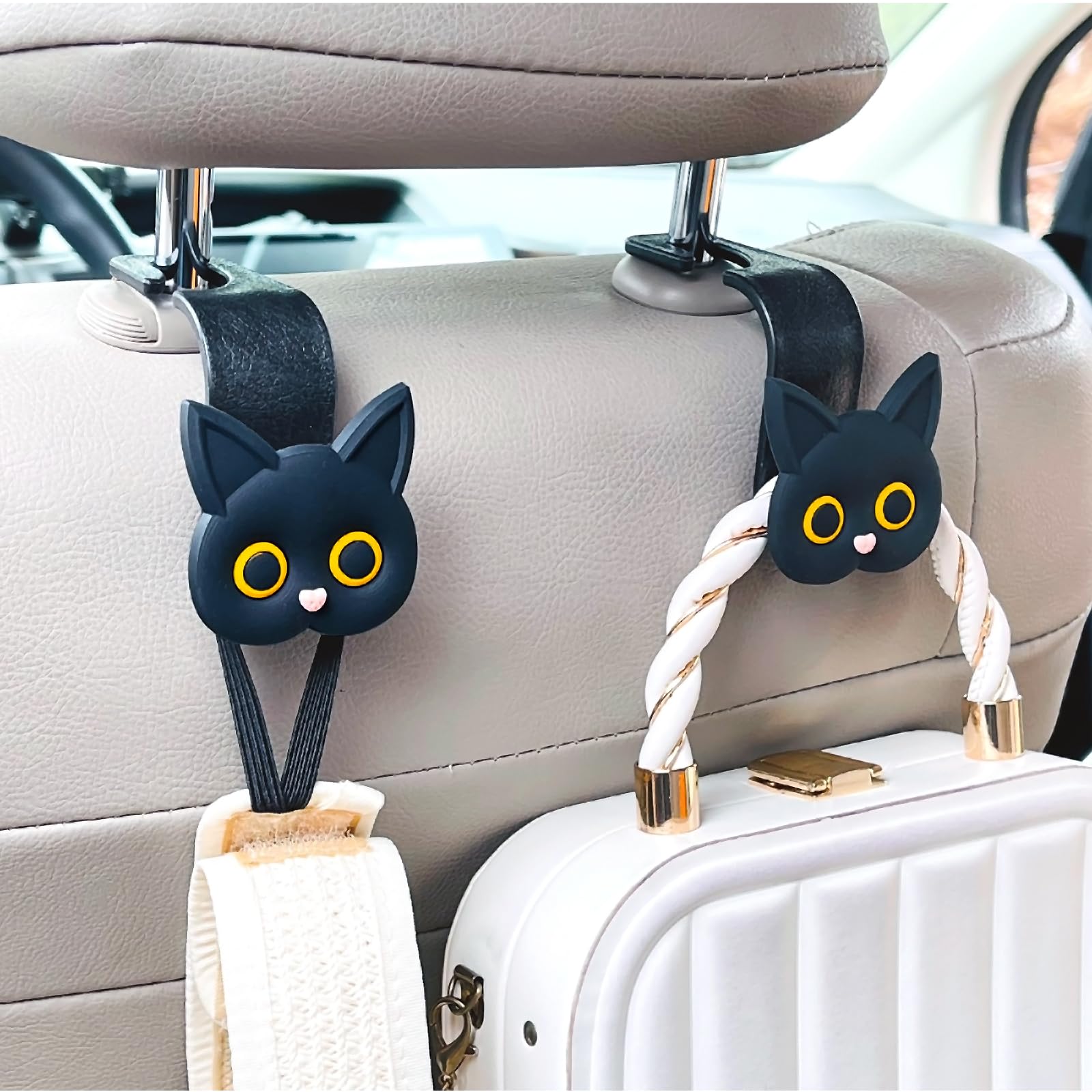 Car Seat Headrest Hooks - Cute Cartoon Cat Hook Vehicle Hanger for Purses, Bags, Coats, Umbrellas Holder (2pc Black)