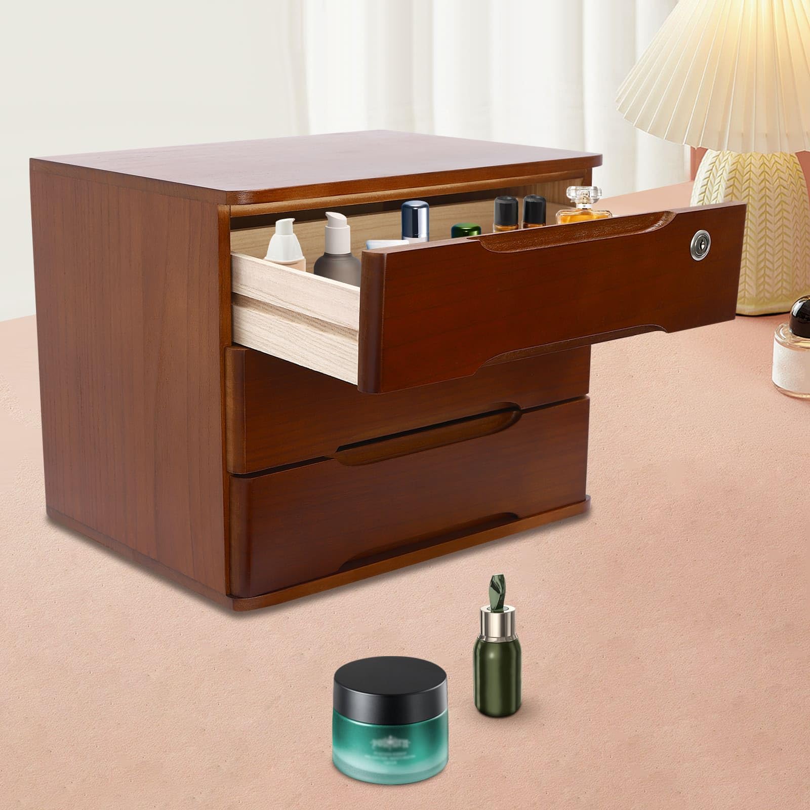 Aufbewahrungsbox mit 3 Ebenen, mit abschließbarer Schublade, Schreibtisch-Organizer aus Holz, L 39 x T 30 x H 31 cm (Walnuss)