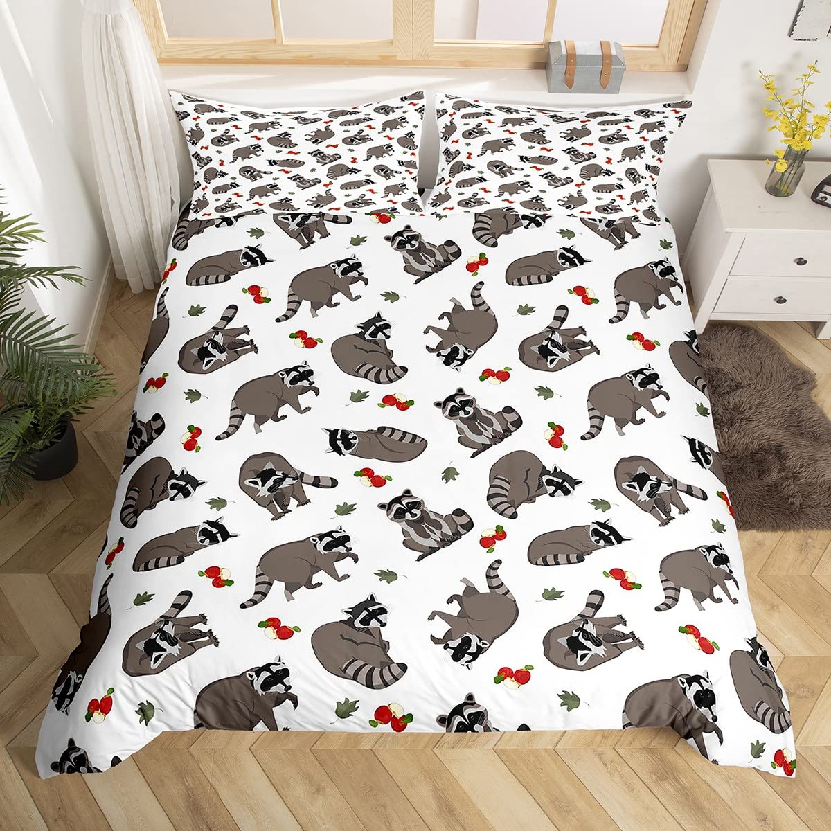 Homemissing Boys Multicoloured 14 Cute Raccoons Comforter Cover Set Cartoon Raccoon Duvet Cover Set For Kids Girls Lovely Apples Leaves Bedding Set Grey Animal Quilt Cover 3Pcs Bedding King