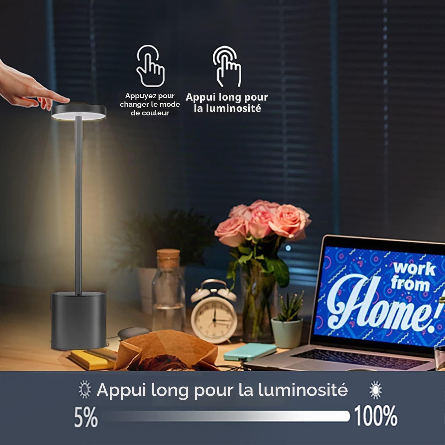 Lampes de table sans fil, lampe de bureau LED rechargeable avec 3 modes de couleur,Lumière de lecture variable lampe de chevet en métal pour chambre,bureau,salle à manger (2PCS Noir)