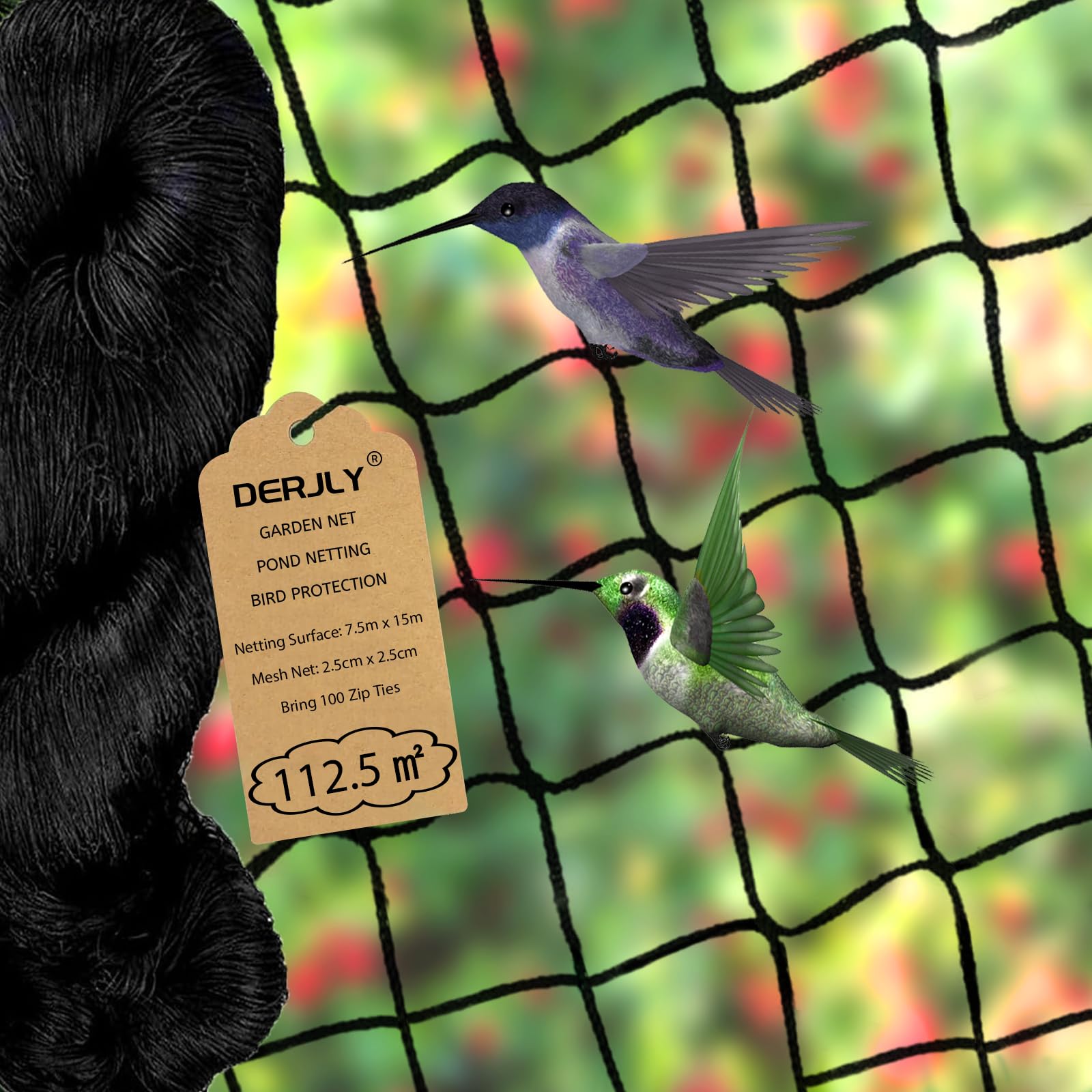 DERJLY Garden Mesh Bird Netting: 7.5m x 15m Heavy Black Woven Net with Cable Ties Reusable for Outdoor Protection Fish Pond Fruit Plant Vegetable