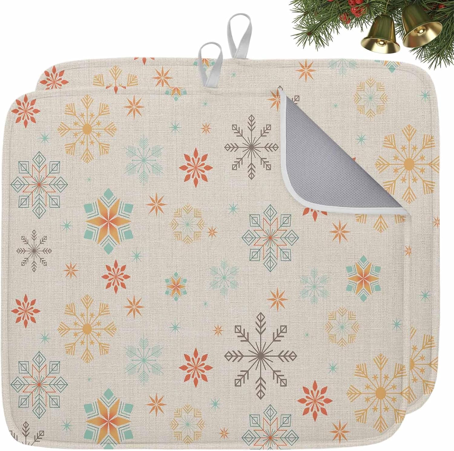Vintage Christmas Snowflakes Dish Drying Mats for Kitchen Counter,Absorbent Microfiber Dish Drainer Rack Mat Geometric Pattern on Linen Drying Pad for Sinks,Utensils,Countertops,18x24in