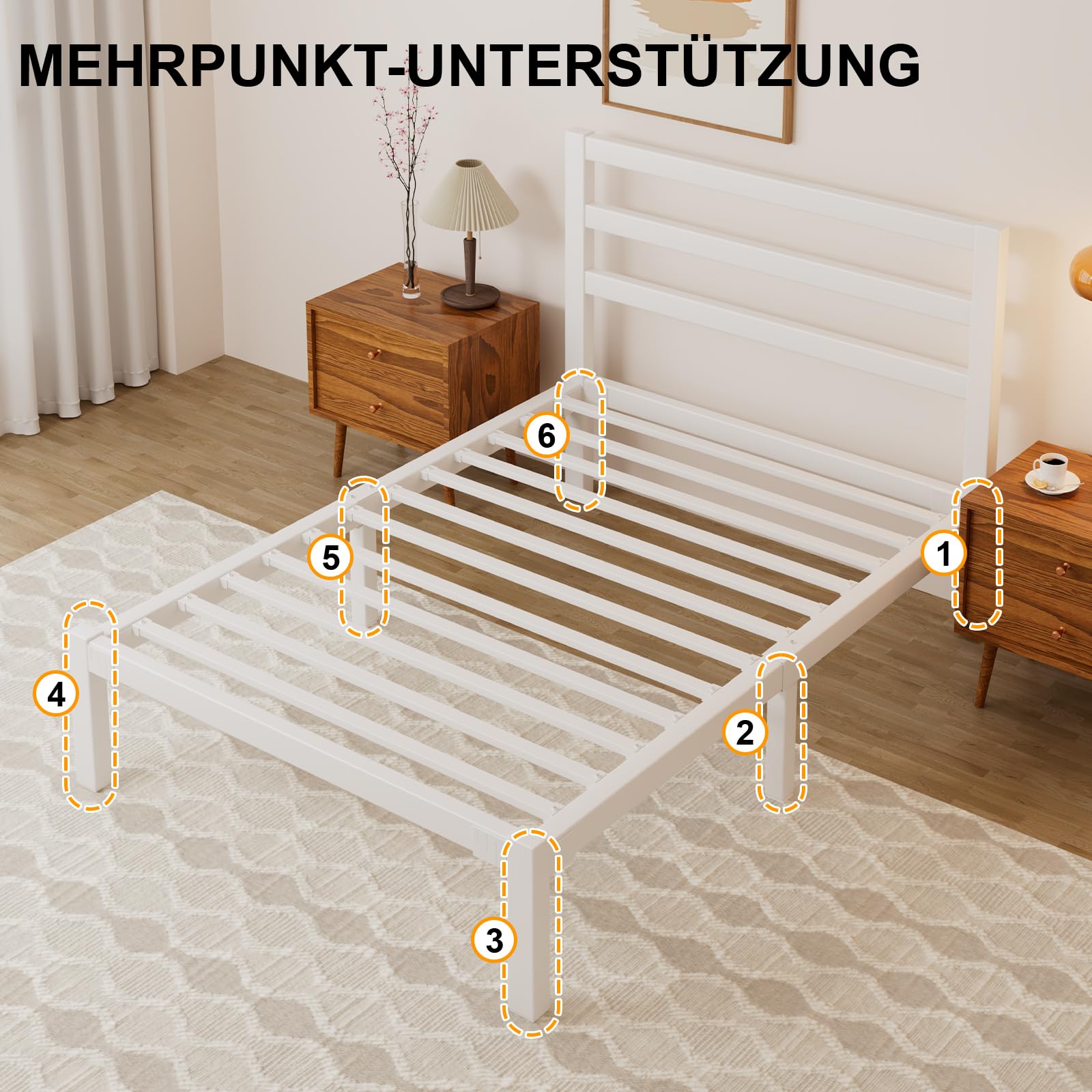 E-Motie Bett 90×200, Metallbettgestell 90 × 200 cm mit Kopfteil, Stauraum unter dem Bett, Modernes Jugendbett mit Lattenrost, Einfache Montage, Weiß
