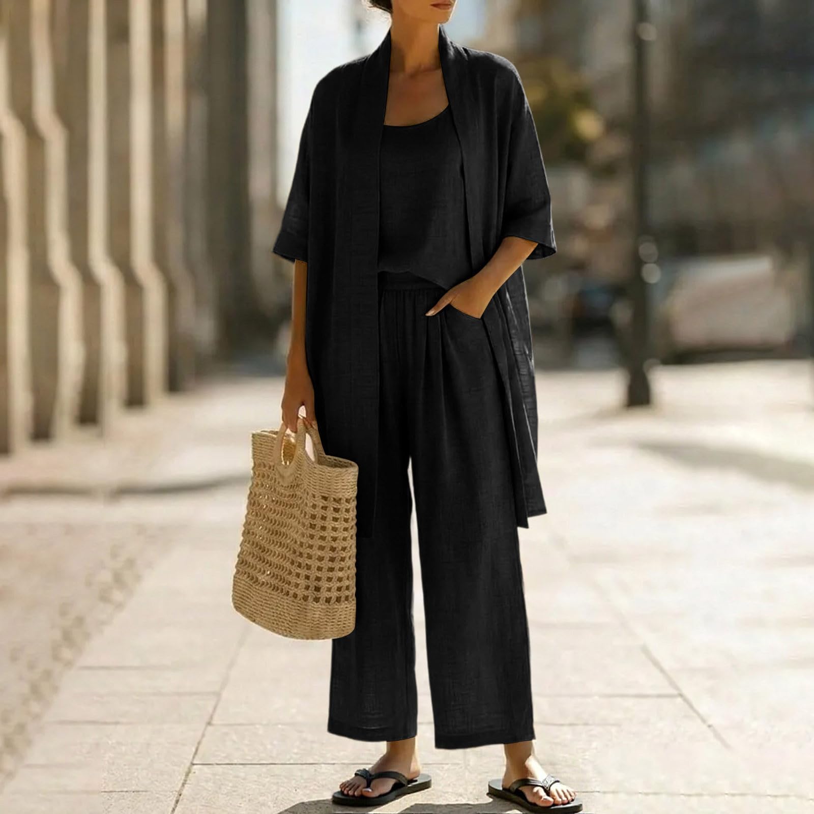 Ensemble 3 Pièces En Lin Pour Femme,Cardigan Ouverte Et Débardeur Et Pantalon Large,Tenue Décontractée Confortable Et Respirante Casual Outfits Set Grande Taille Jogging Ensemble De Plage