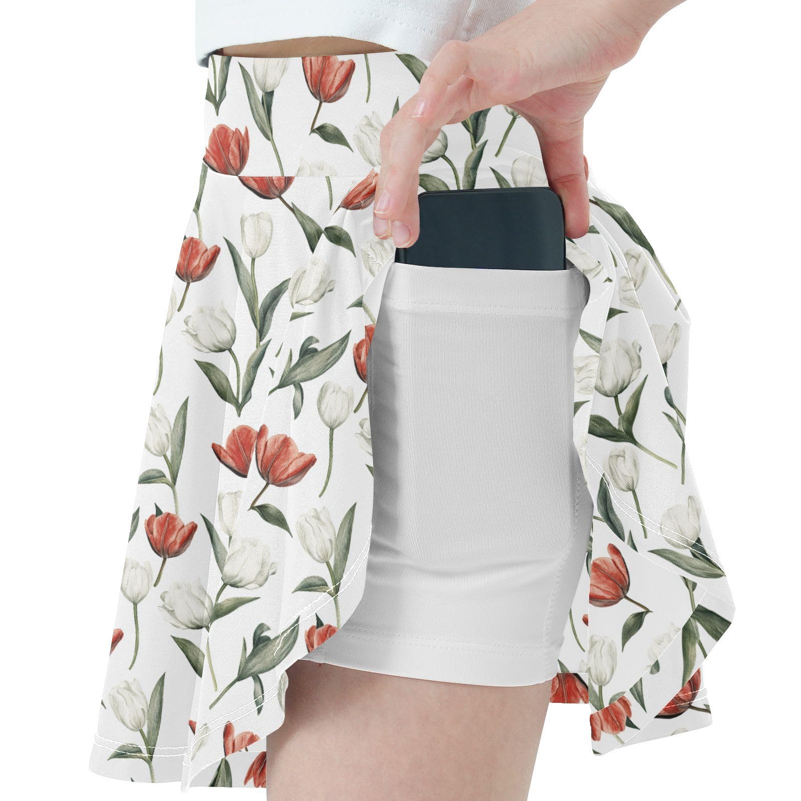 Nature Tulips White Flowy Tennis Skirt for Girls with Built-in Shorts Kids Cheer Skirt with Pockets Little Girl Skort