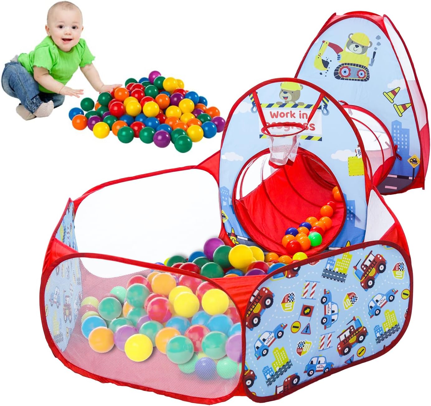Construction 3 in 1 Combo Tunnel for Kids | Tunnel, Play Tent House, Ball Pool for Kids 3 to 6 Years | Spacious, Lightweight and Portable | Without Balls | Multi Colour
