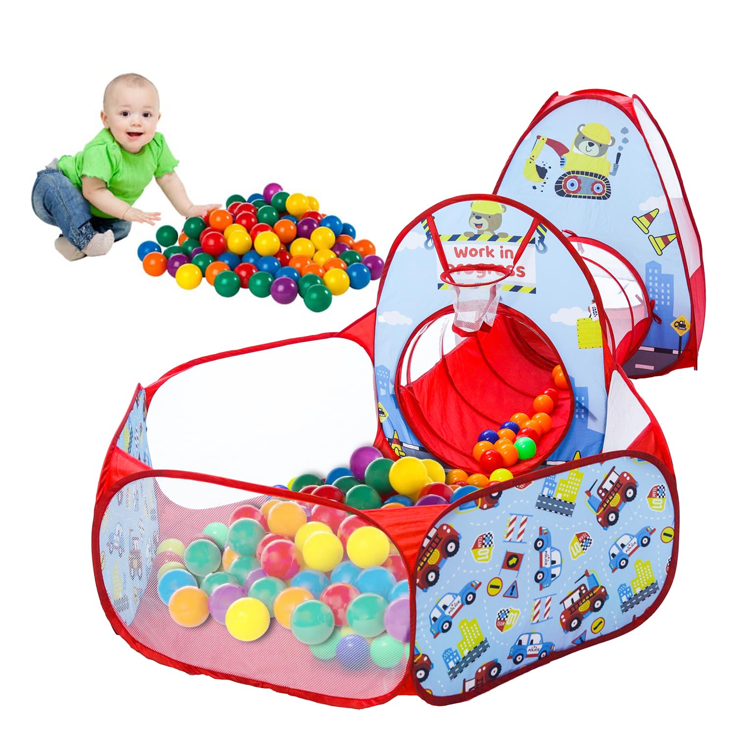 Construction 3 in 1 Combo Tunnel for Kids | Tunnel, Play Tent House, Ball Pool for Kids 3 to 6 Years | Spacious, Lightweight and Portable | Without Balls | Multi Colour