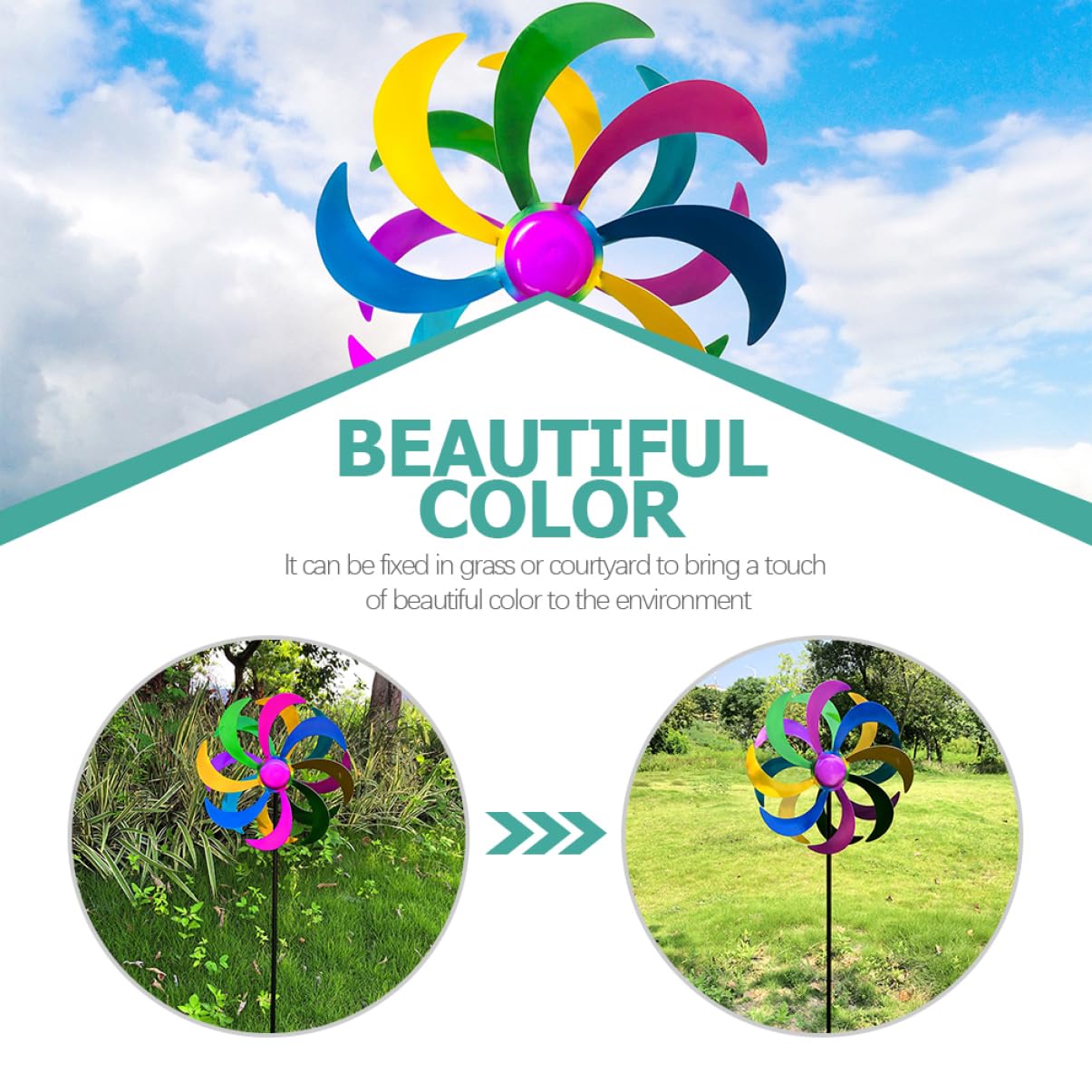 Happyyami Buntes Regenbogen Windrad aus Eisen für Garten und Hof, 1 Stück | Fröhliches Design, Leuchtende Farben, für Rasenflächen und Außenbereiche