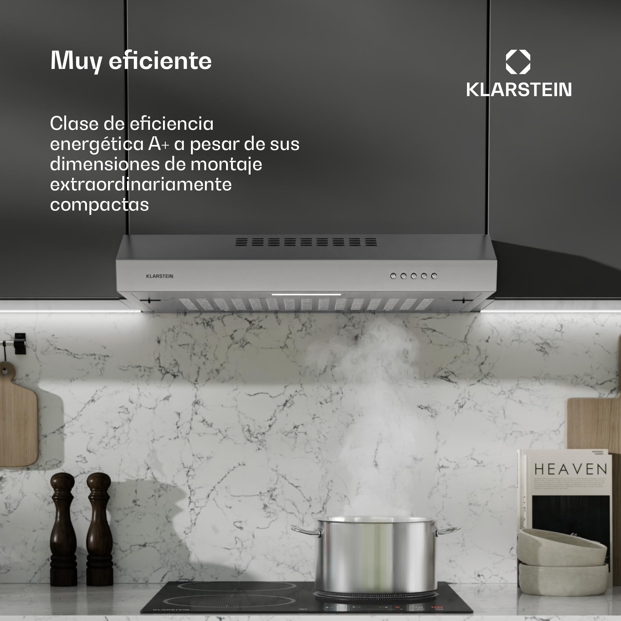 Klarstein SlimVent Campana Extractora - 60cm, 178 m³/h, A+, Silenciosa 52 dB, LED, Filtro de Carbón, Extractor Cocina Compacto, Plata