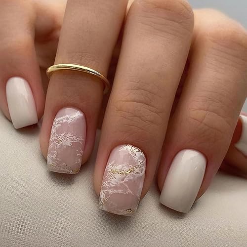 24 uñas postizas cortas a presión, cuadradas, bonitas, acrílicas, color nude y blanco, uñas postizas con pegamento de mármol dorado con diseños,