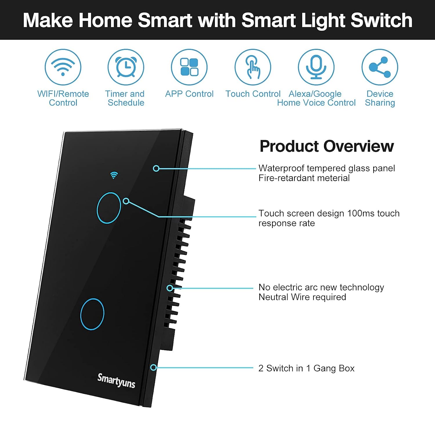 WiFi Smart Touch Light Switch - 2 Gang, US Standard, Tempered Glass Panel, Timer Function, Single Pole (Black)