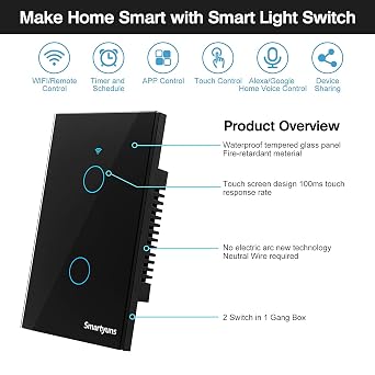 WiFi Smart Touch Light Switch - 2 Gang, US Standard, Tempered Glass Panel, Timer Function, Single Pole (Black)