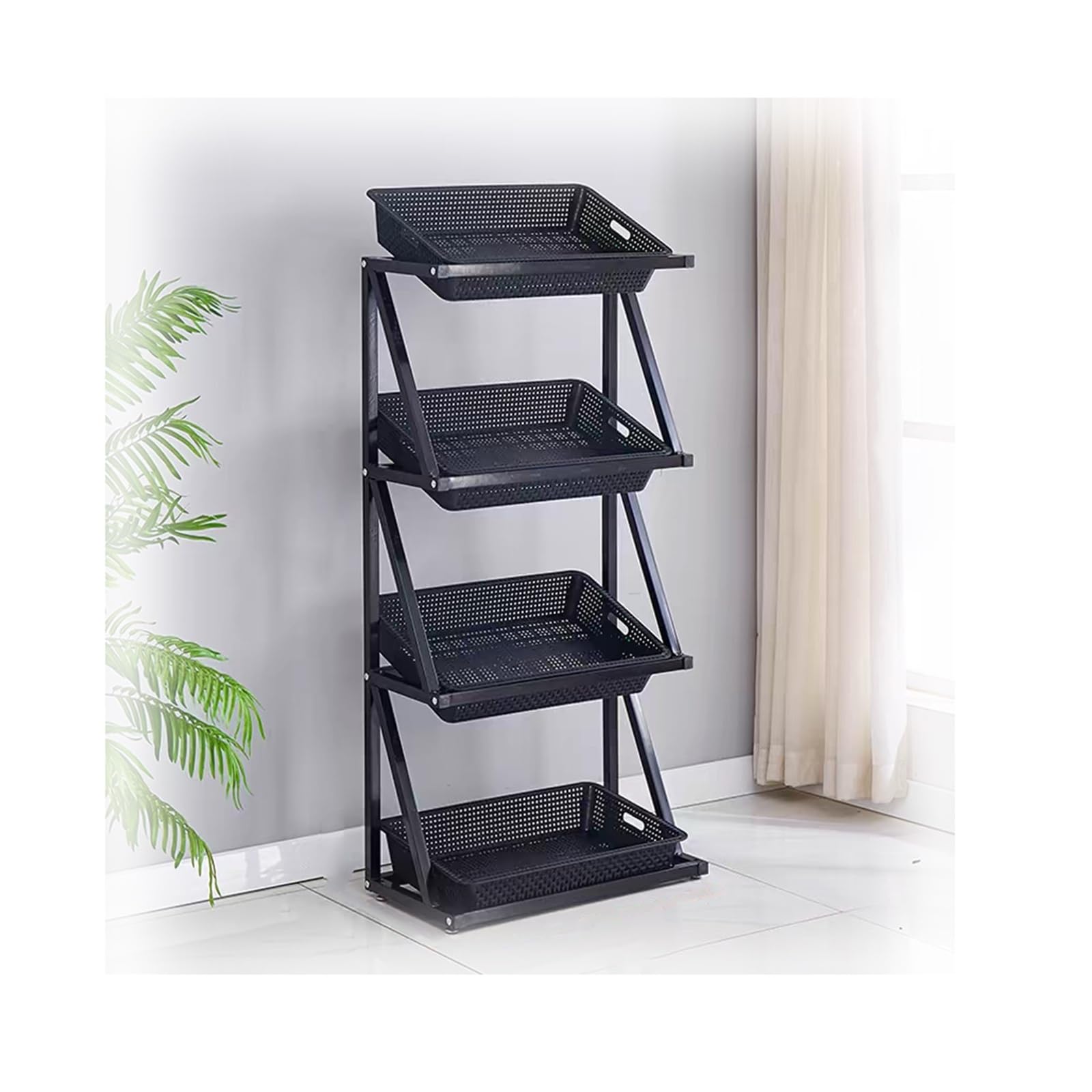 Estantería de exhibición de frutas con 4 niveles negros para maximizar el almacenamiento vertical