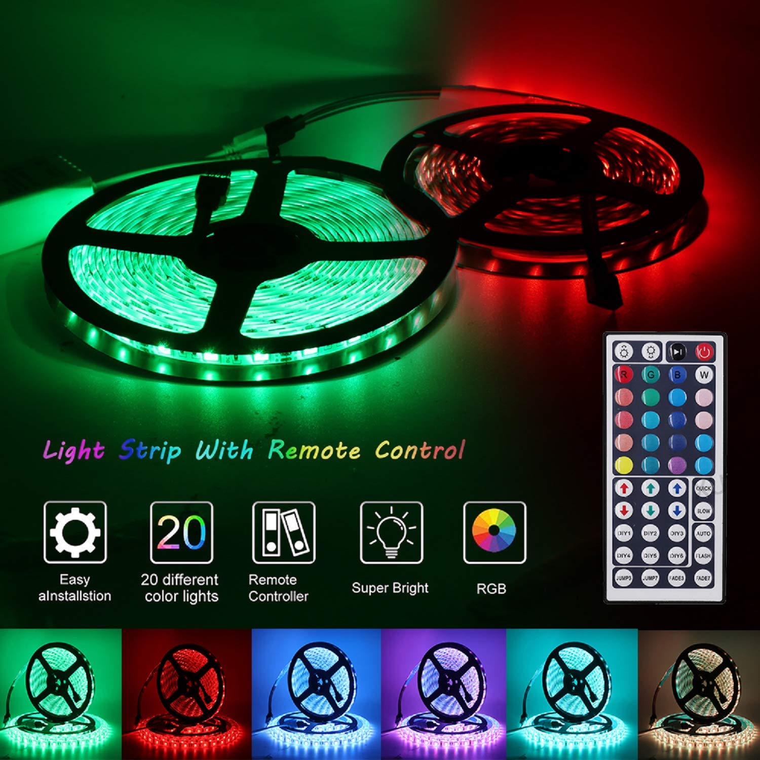 XUNATA 12V Tiras LED RGB 5050 SMD Para TV Tira de Luces LED Kit Completo con control remoto de 44 teclas- (20m 1200 LEDs) No impermeable