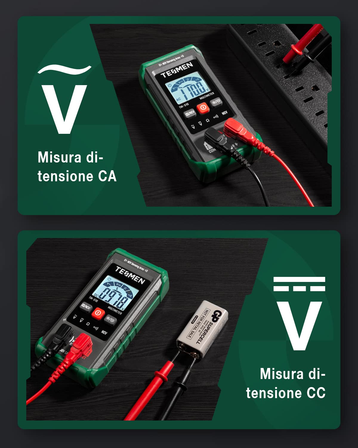 TESMEN TM-510 Multimetro Digitale, 4000 Conta Tester Elettricista, Misurazione Smart, Autoranging, Senza Contatto, Misura Tensione AC/DC, Resistenza, Continuità – Verde