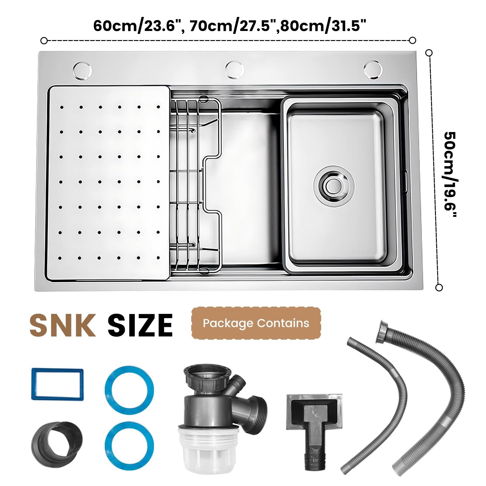 80x50cm Lavello Cucina In Acciaio Inox 304, Con Scolapiatti, Scheda Multifunzione, Filtro a Cestello, Sifone e Set Di Drenaggio, Uscita Di Scarico Destra, Da Incasso e Sottotop, 1 Vasca