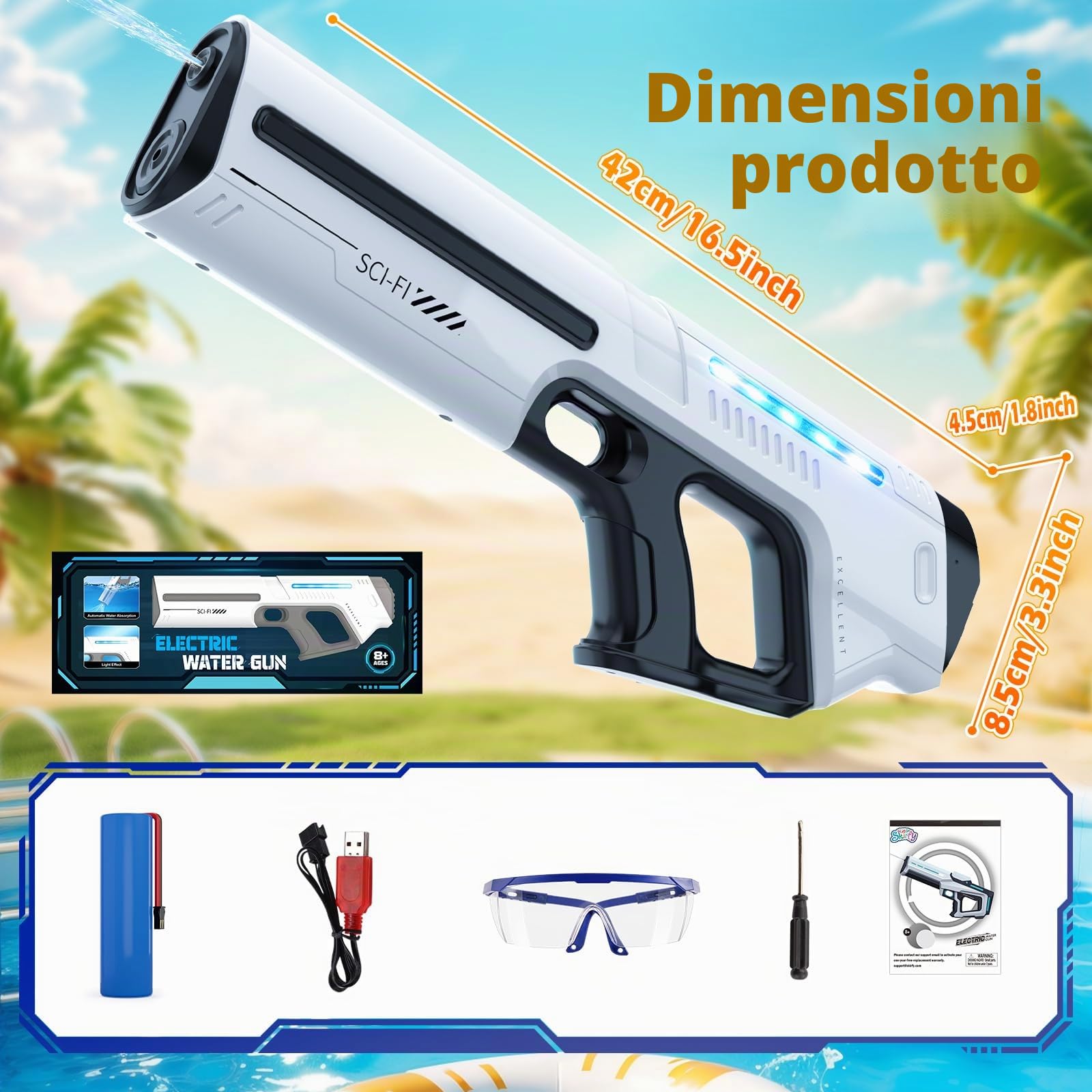 Skirfy Pistola ad acqua elettrica per bambini e adulti, giocattolo a spruzzo a batteria con serbatoio, portata 9 m, luce a LED, assorbimento automatico dell'acqua, gioco estivo in spiaggia all'aperto