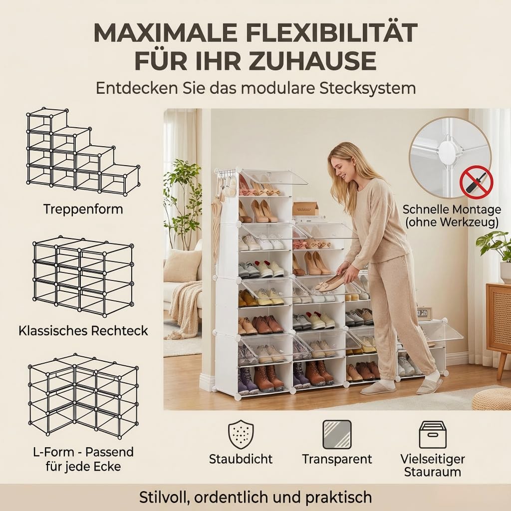 Schuhregal, Schuhschrank mit 20 Fächern, schuhregal hoch und schmal, schuhregal weiß, schuhschrank hoch geschlossen für Garderobe Flur Schlafzimmer Eingang, DIY anpassbar