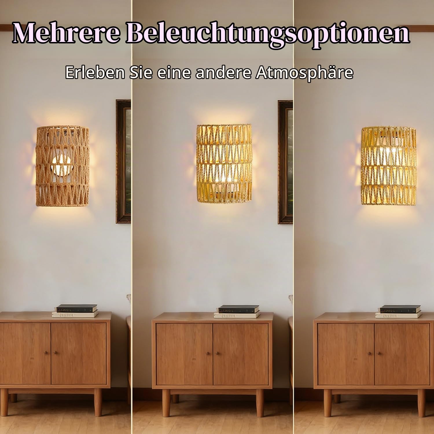 2 Stück Boho Rattan Wandlampe Innen Akku Wandleuchte Ohne Stromanschluss RGB Dimmbare Wandleuchten mit Fernbedienung Retro Nachttischlampe für Schlafzimmer Wohnzimmer Flur