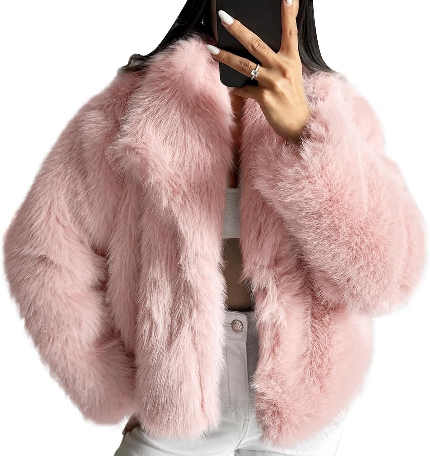 COZYPOIN Womens Faux Fur Jacket Fluffy Fur Coat Cropped Long Sleeve Lapel Button Down Fuzzy Winter Outerwear