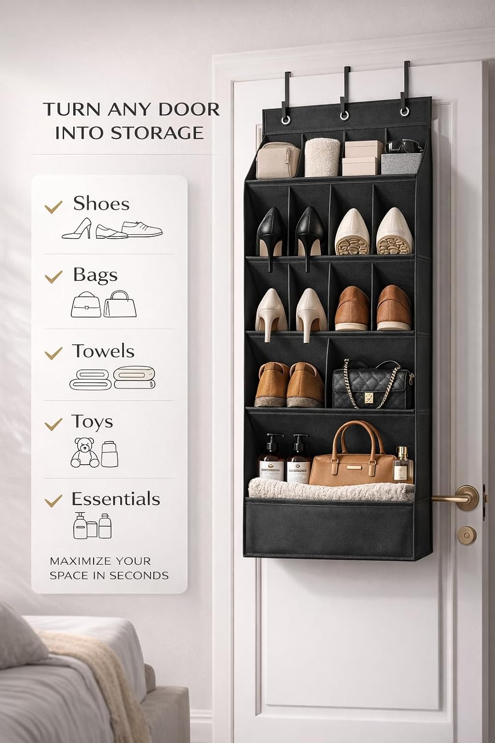 Over the Door Shoe Organizer with 15 Deep Pockets, Heavy Duty Hanging Storage Organizer for Shoes, Boots, Bathroom & Closet Door