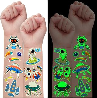Partywind 290 Styles (30 Sheets) Luminous Space Tattoos for Kids Party Decorations, Glow Outer Space Party Supplies Favors with Astronaut/Rocket/Planet, Kids Gifts Games for Glow Party