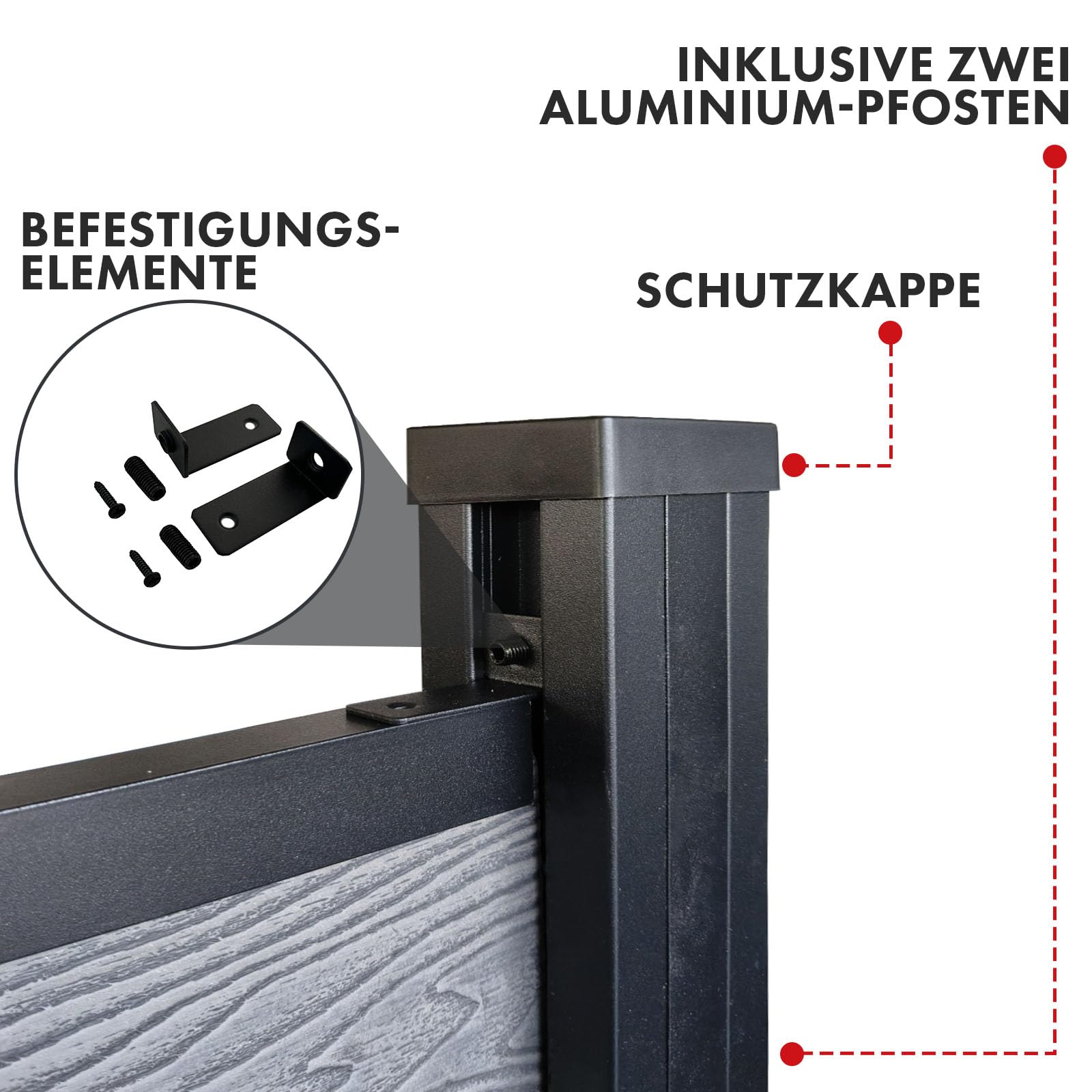 Floordirekt Ogrodzenie ogrodowe 180x180cm z aluminiowymi słupkami - kompletny płot WPC Kronos - płot zabezpieczający - osłona przeciwwietrzna i zabezpieczenie dla tarasu i ogrodu - w zestawie materiał