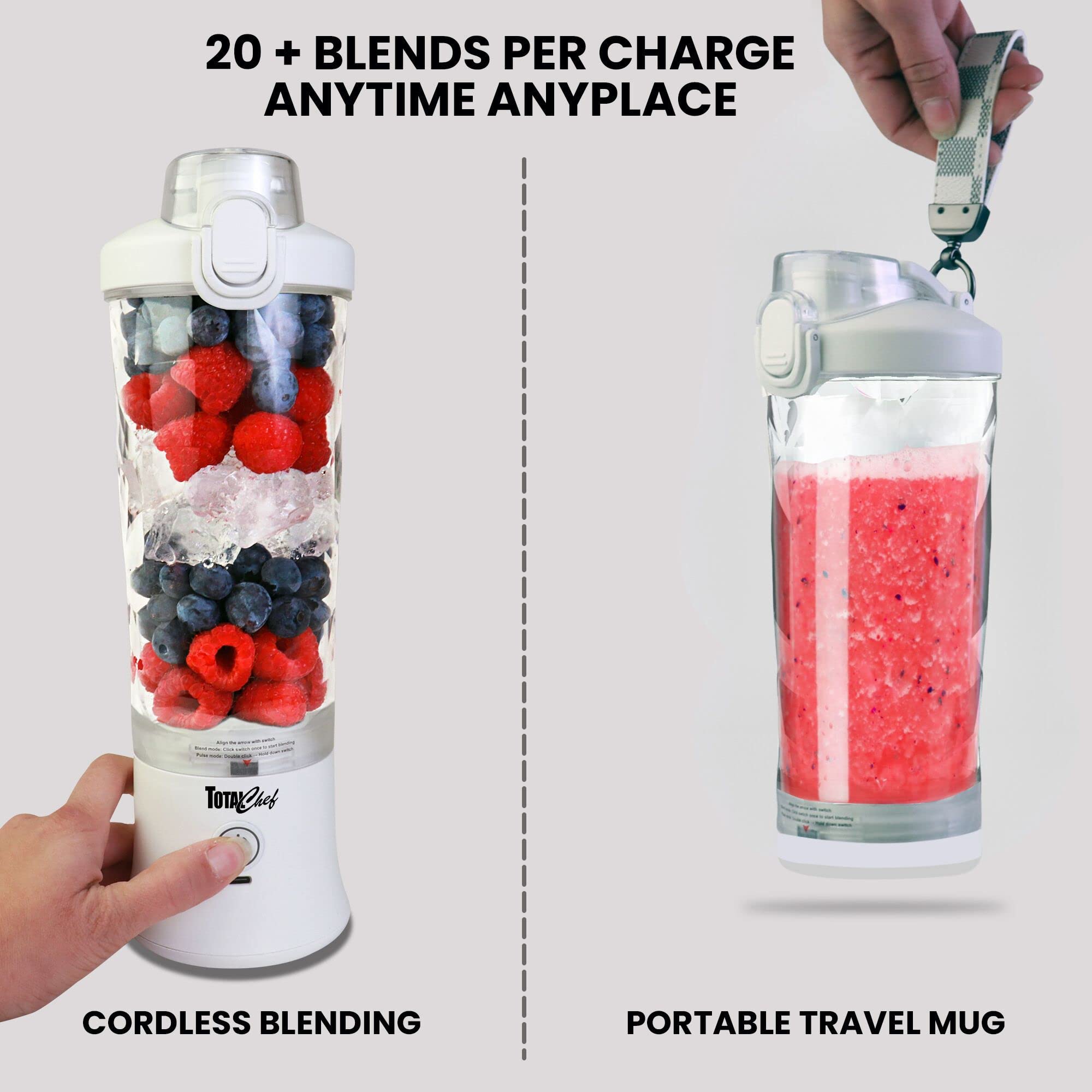 Total Chef Mini mixeur portable USB sans fil pour smoothie 600 ml Petit mélangeur pour boissons protéinées, aliments pour bébé, milkshakes, jus de fruits, slushie pour la maison, le bureau, les