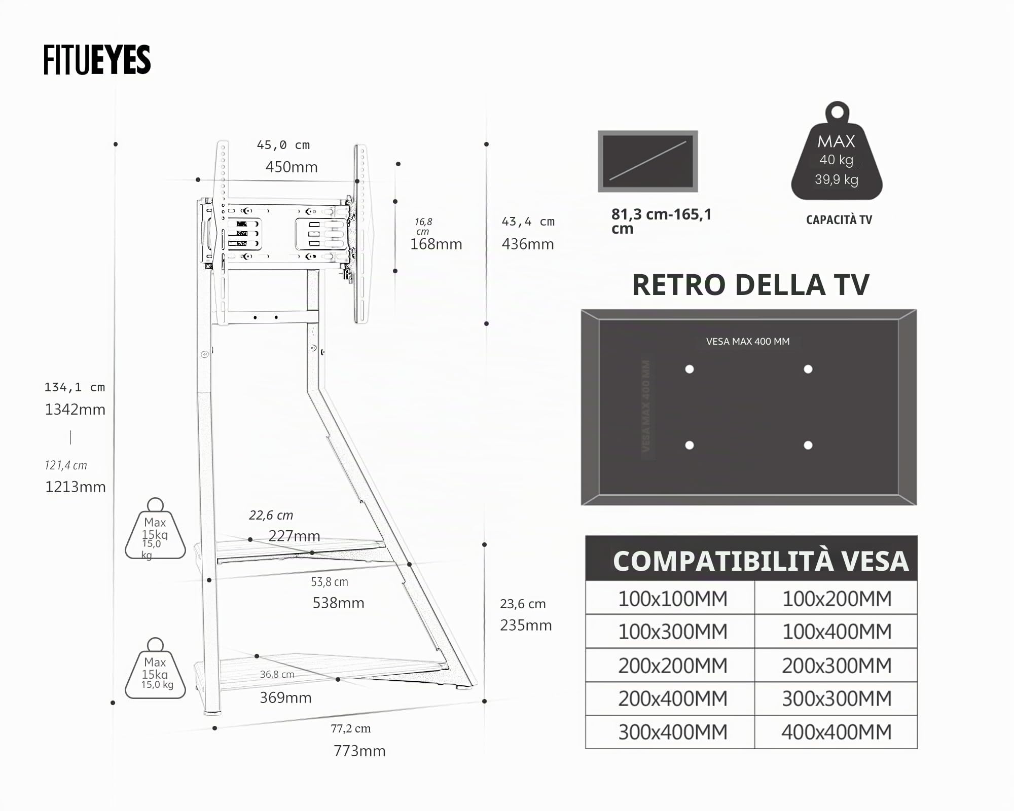 FITUEYES Serie EIFFEL Supporto TV Supporto artistico per schermo da 32-65 pollici Angolo regolabile ±15° Altezza regolabile 946-1076,5 mm Max. 40 kg per casa, salone, conferenza