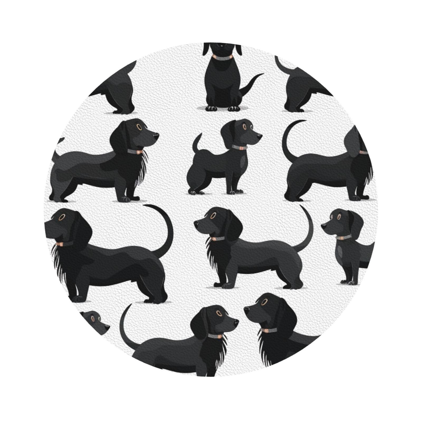 Black Dogs Dachshund Dog Print Leather Coaster Set of 6, Round Shape Coasters Table Decorative Coffee Cup Beverage Coasters Wine Beer Bar Coasters for Hot Drinks Table Protection
