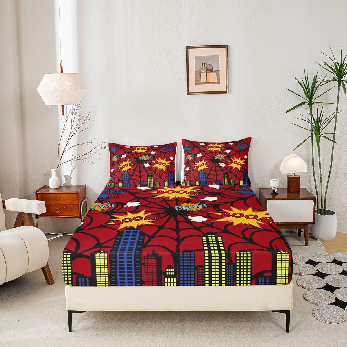 Sábana bajera ajustable de telaraña tamaño King (no plana), juego de ropa de cama de 3 piezas, diseño de edificio urbano de dibujos animados, decoración de habitación de niños y mujeres, sábanas con