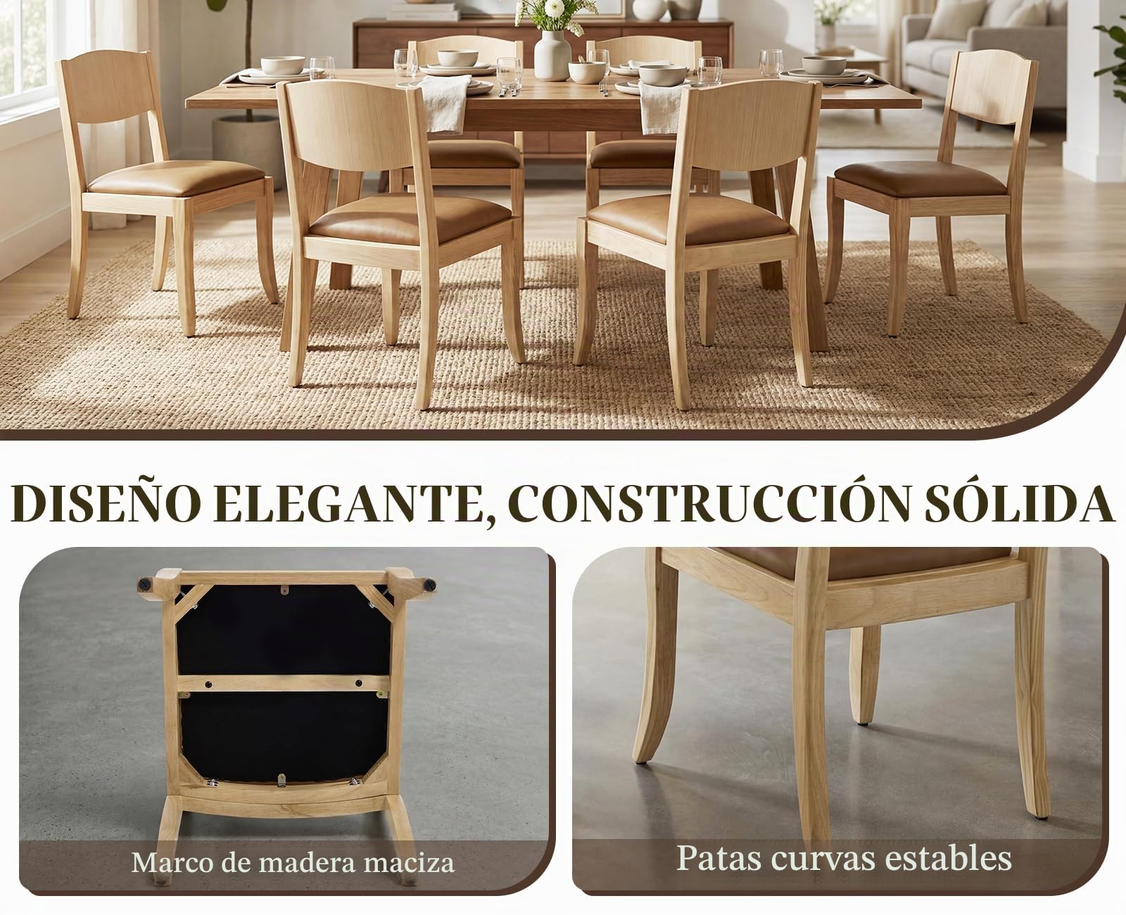 chairus 2PCS Sillas de Comedor de Madera Estilo Nórdico, Marrón | con Asiento de Cuero PU, Silla Minimalista, con Respaldo, sin Brazos