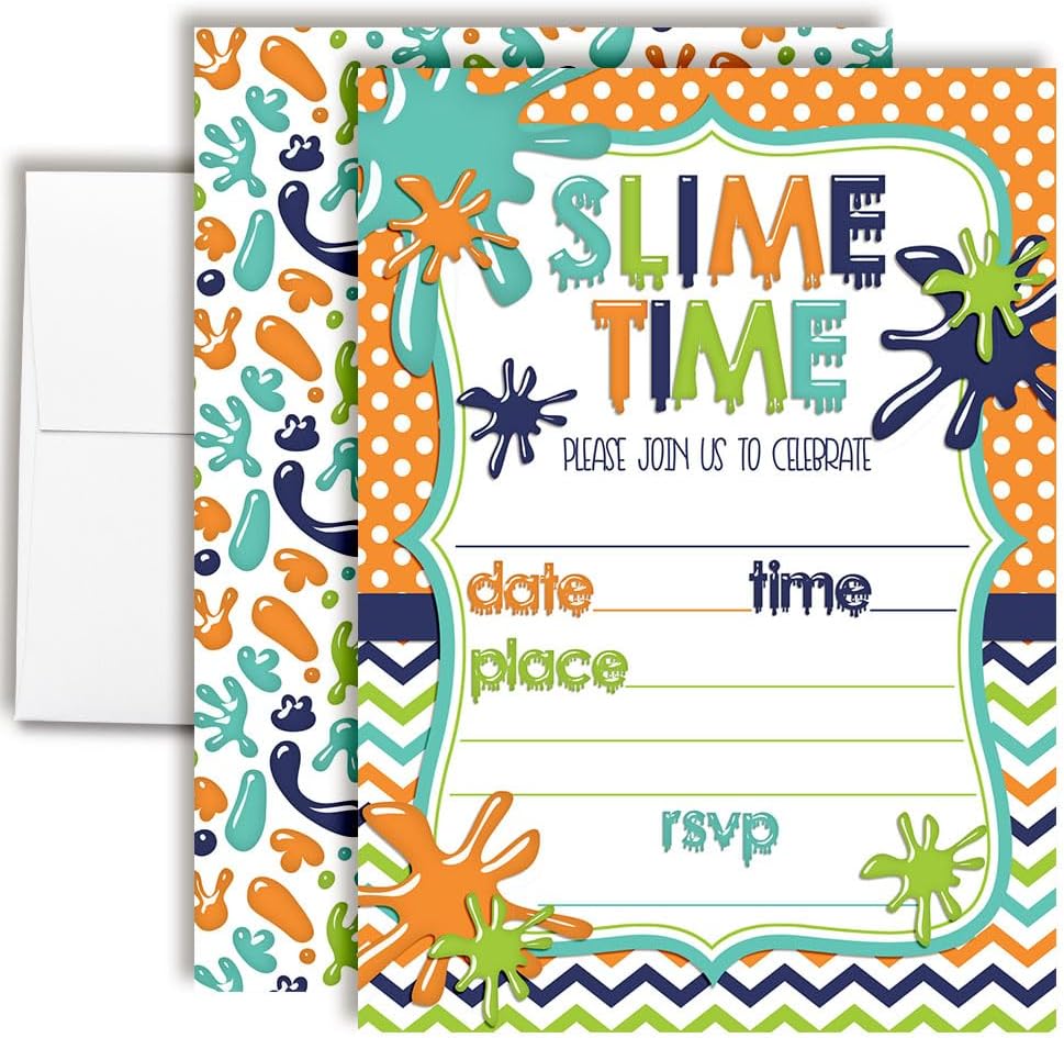 Slime Birthday Party Invitations for Boys, 20 5x7 Fill In Cards with Twenty White Envelopes by AmandaCreation…