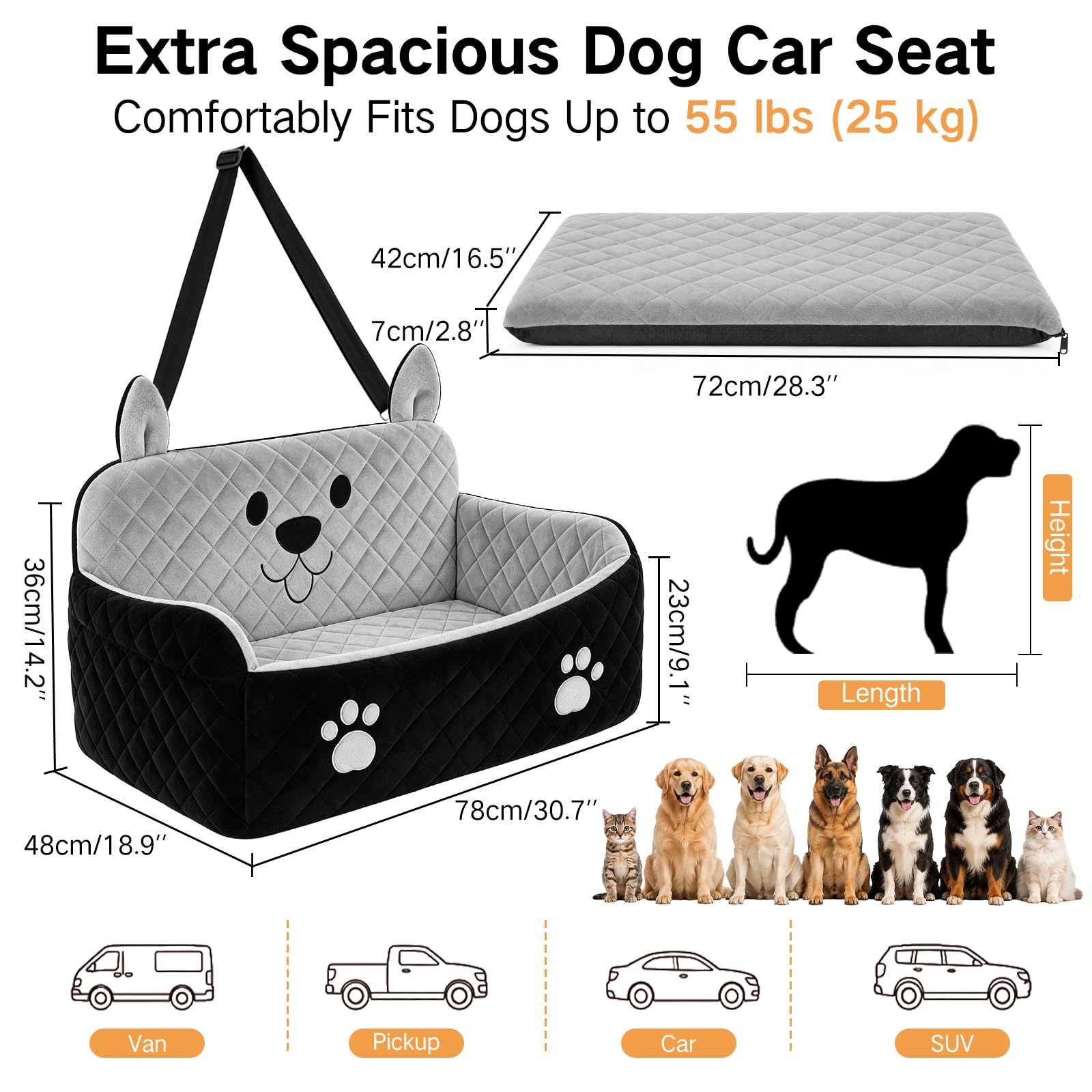 Siège Auto Grand Chien Jusqu’à 25 kg ou 2 Petits Chiens | Mousse Haute Densité, Peluche Ultra-Douce, Housse Amovible Lavable, 2 Sangles de Sécurité et Poches, pour Banquette Arrière