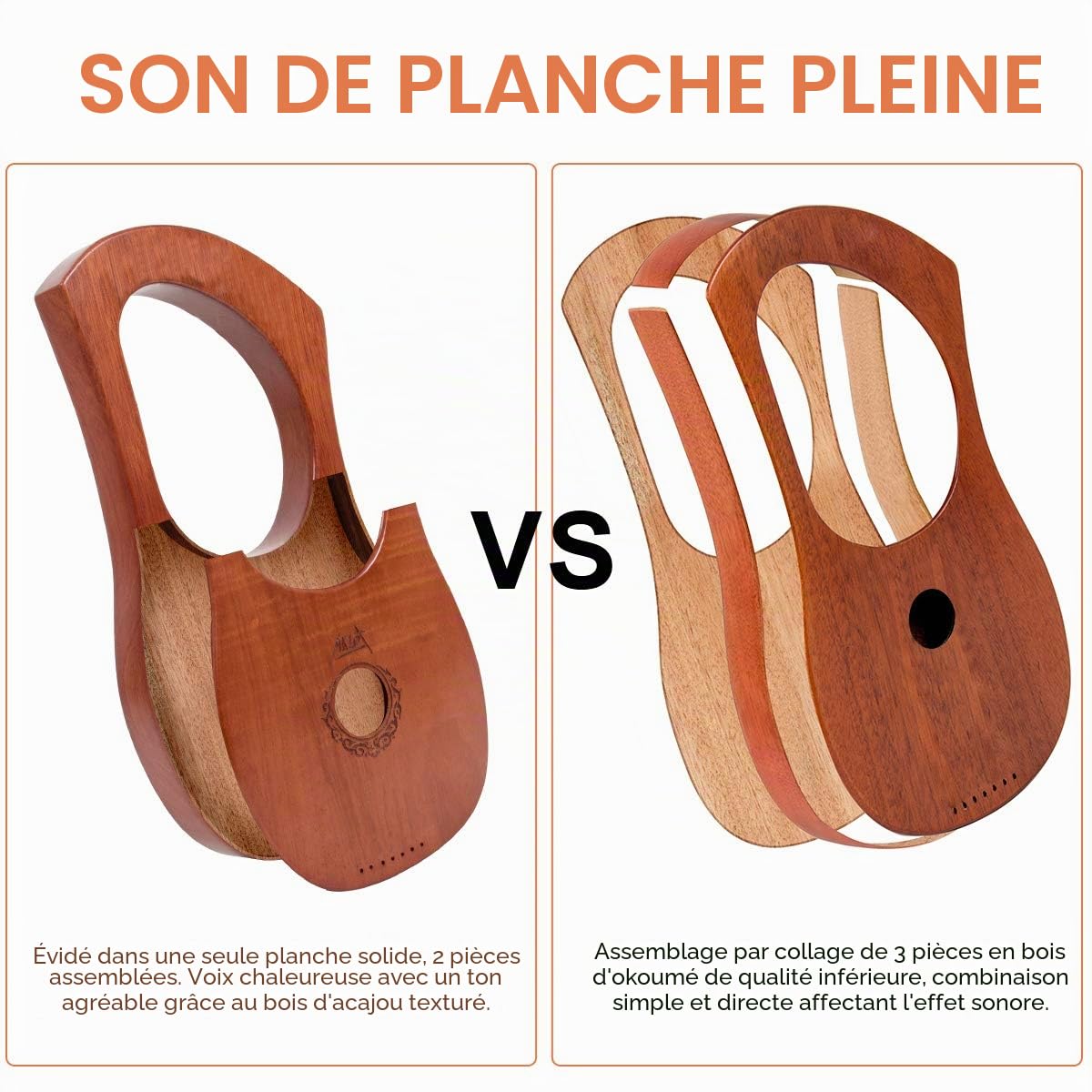 Aklot Lyre Harpe 7 cordes en acajou avec clé de réglage et sac de transport noir