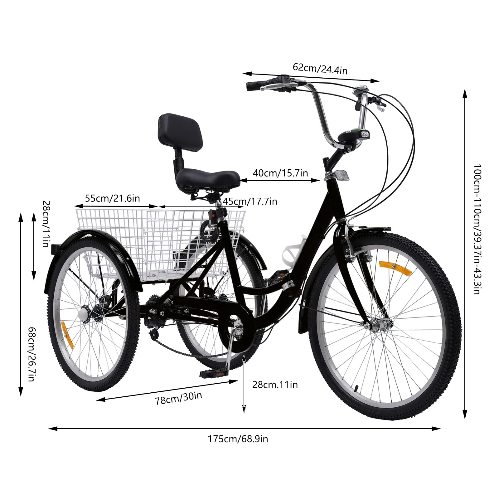 MccoMMon Vélo à trois roues de 24 pouces pour adultes, tricycle pliable à 7 vitesses, hauteur réglable, avec dossier et panier de courses, convient aux personnes d'âge moyen et aux personnes âgées