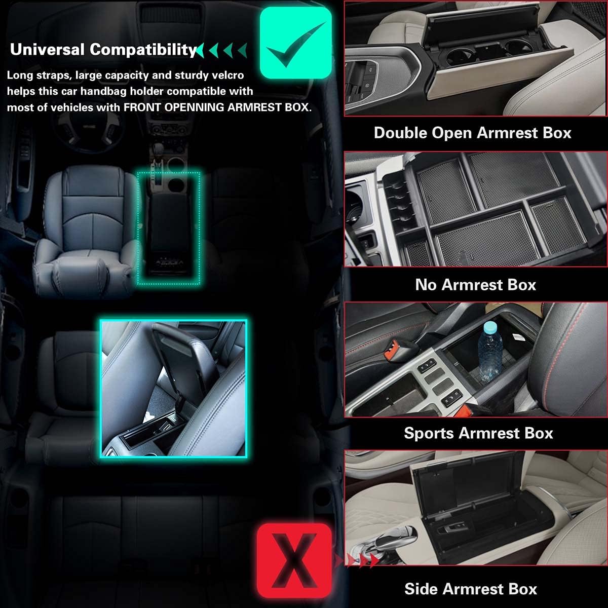 VANOKA Car Net Pocket Handbag Holder Between Seats, Large Capacity Car Bag Purse Holder, with 2 Headrest Hooks, Leather Material, Reinforced Wiring, Rear Backseat Organizer for Document Phone Storage Photo