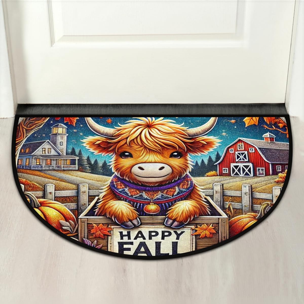 Half Round Door Mat Highland Cow Fall Pumpkin Non Slip Absorbent Semi Circle Area Rugs Washable Half Moon Floor Mats for Indoor Outdoor Patio Kitchen Bathroom Entryway Fireplace Home Carpet Decor