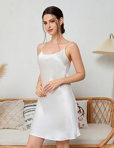 Miniatura 4 de THXSILK Camisón de seda para mujer, 100% real 19 Momme seda morera ropa de dormir cuello redondo tirantes espagueti camisón camisón