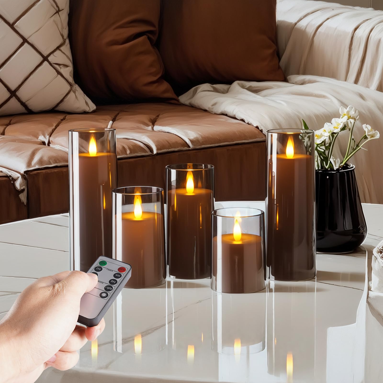 Homemory Candele realistiche tremolanti a batteria, finte candele elettriche a LED con telecomando e timer, candele senza fiamma per la casa, decorazione natalizia, grigio, set di 5