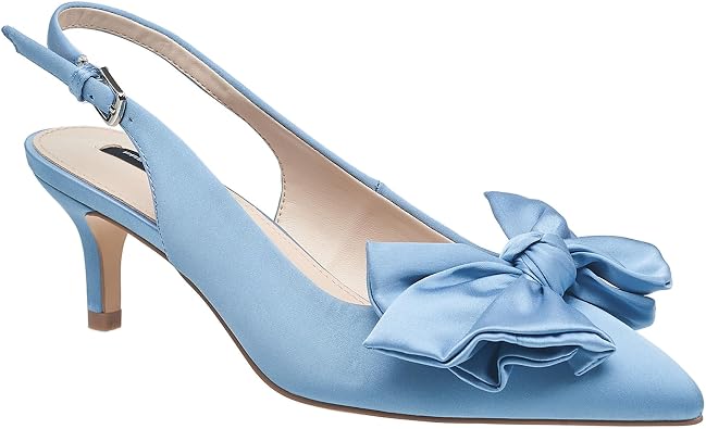 French Connection Womens Quinn Satin Bow Pumps Slip-On Dress Shoe with 1" Kitten Heel with Adjustable Buckle, Comfort Footpad