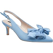 French Connection Women's Quinn Satin Bow Pumps Slip-On Dress Shoe with 1" Kitten Heel with Adjustable Buckle, Comfort Footpad
