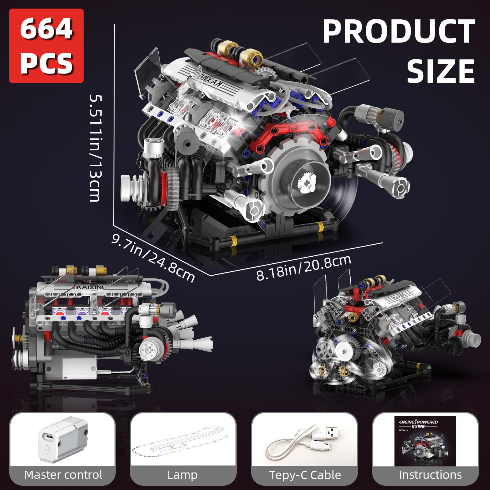V8 Engine Kits That Works Building Sets,Car Engine Model Kit with Motor and Lights,Visible Piston Movement Mechanical STEM Toy for Car Enthusiasts Adults,Kids(715PCS)